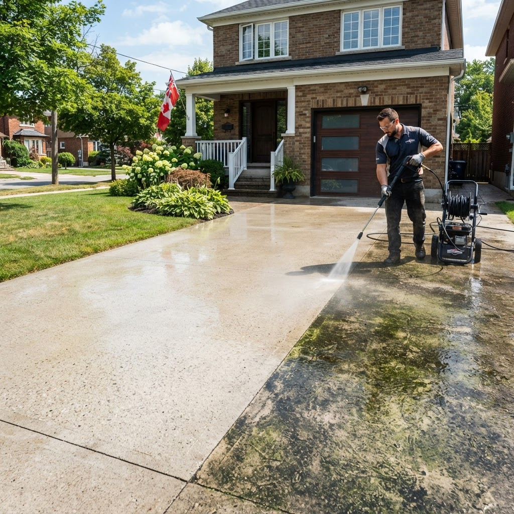 Concrete driveway showing a clean pressure-washed section next to a dirty section