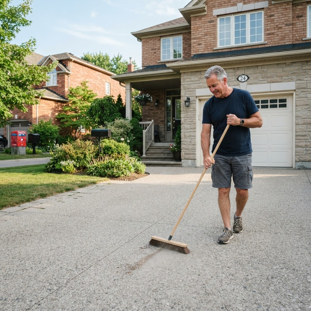 Homeowner sweeping a clean residential concrete driveway