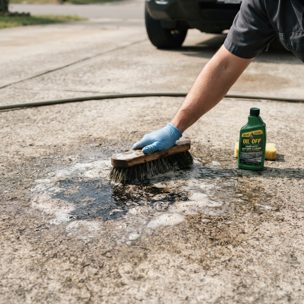 Oil stain on a concrete driveway being treated with cleaning solution