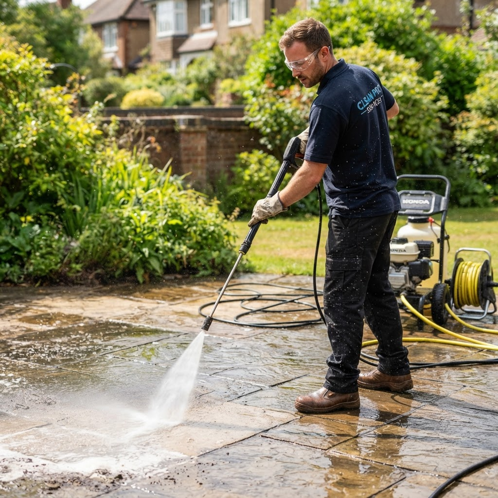 Technician safely pressure washing a stone patio