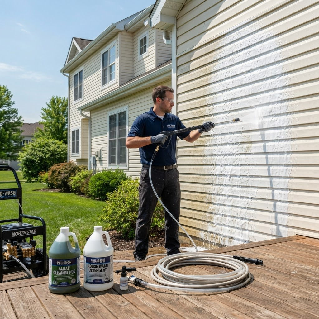 Soft washing house siding with low-pressure detergent