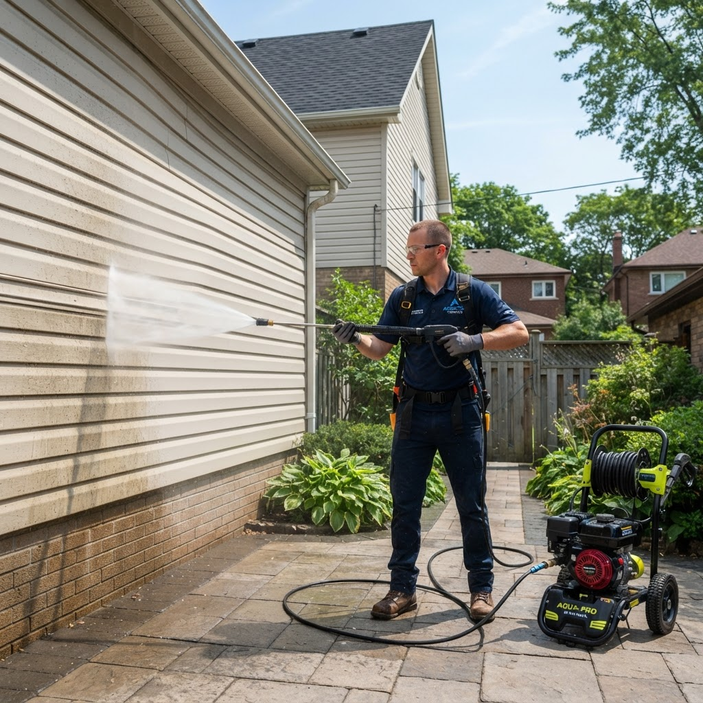 Professional technician pressure washing residential siding