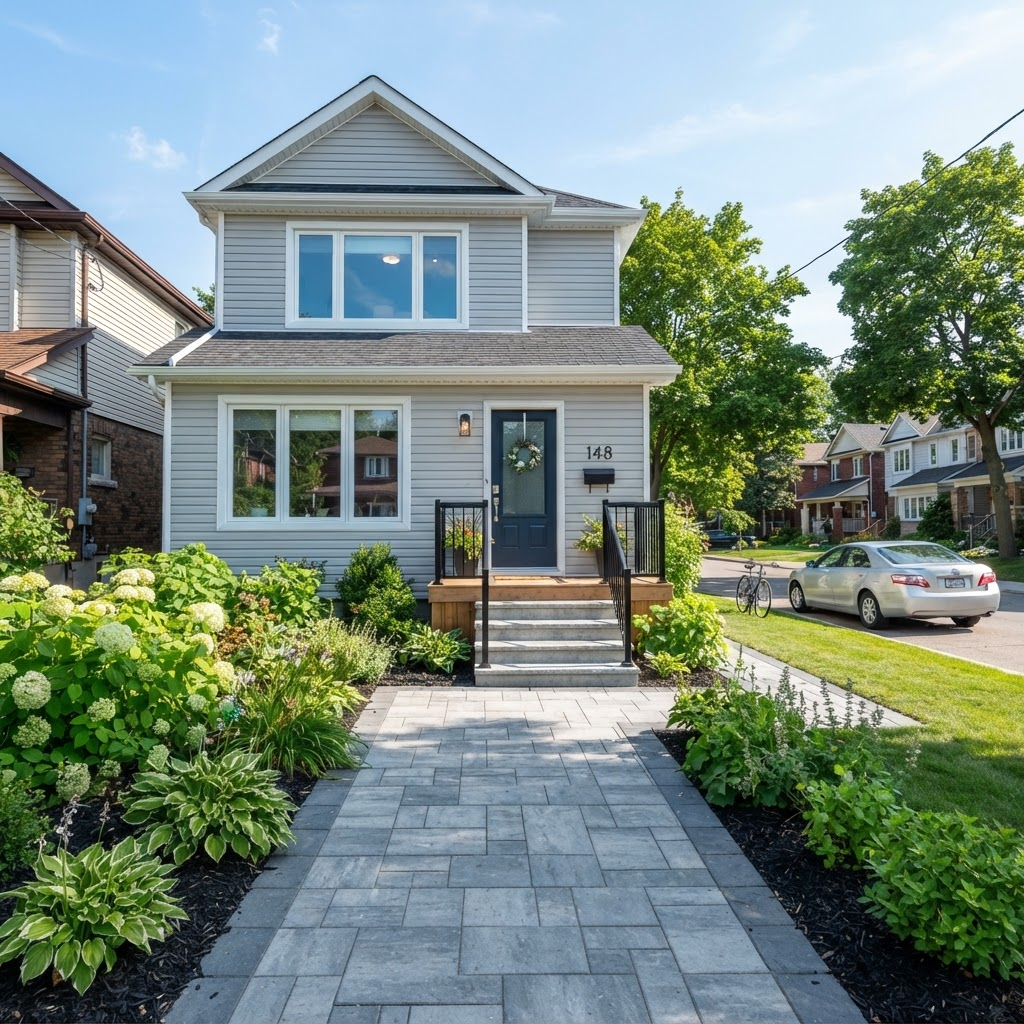 Bright, freshly cleaned Toronto family home exterior with spotless walkway
