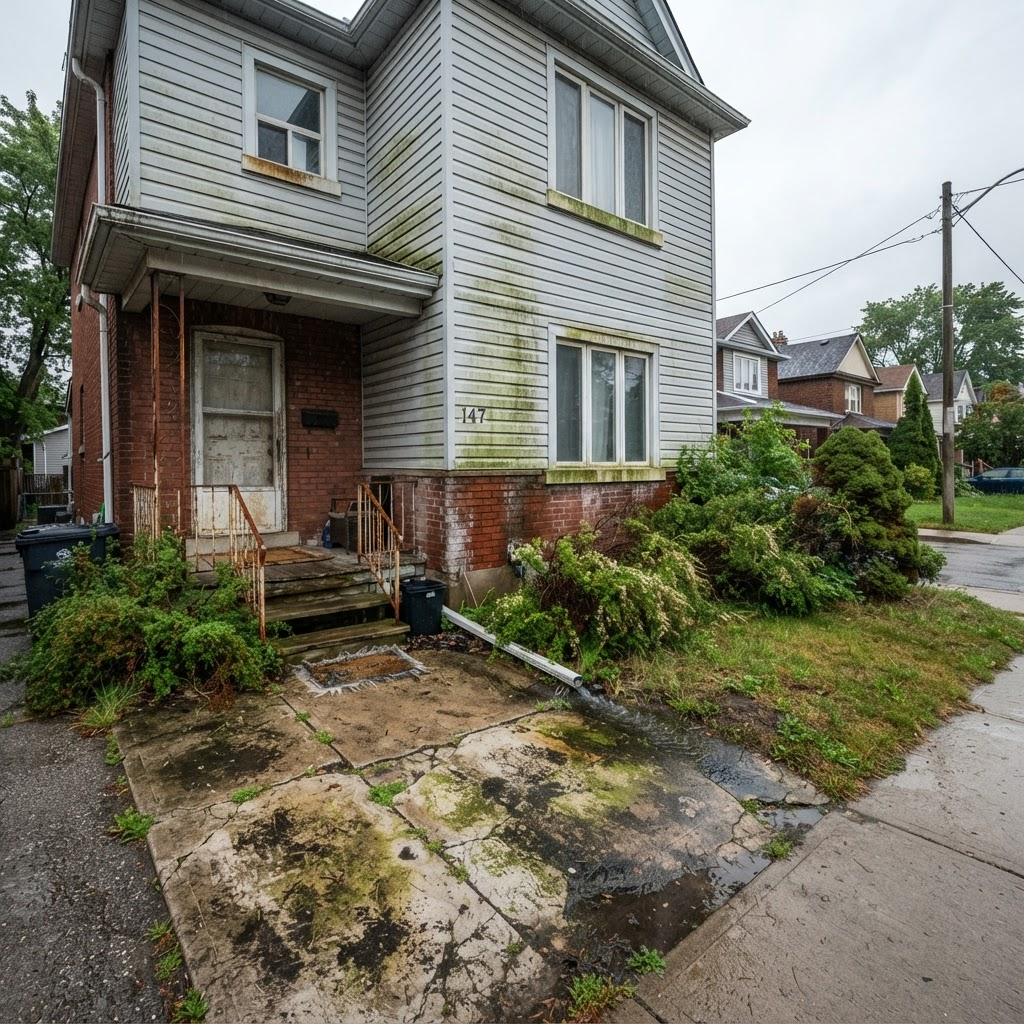 Home exterior with visible algae streaks and stained walkway