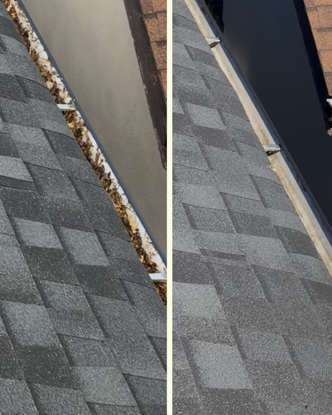 Roof and eavestrough cleaning before and after transformation